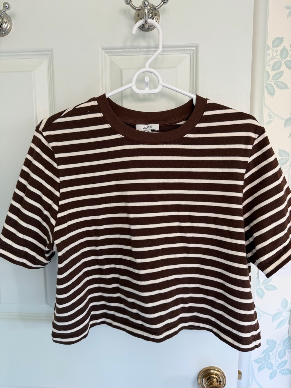 Joe's Jeans Brown & White Striped Cropped Crewneck Tee